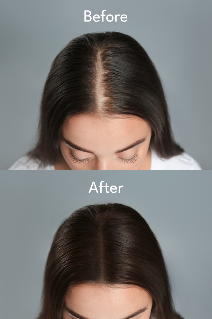 Before and after comparison of a woman's hair on a gray background