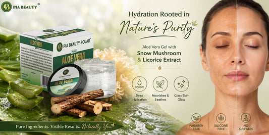 Glass skin routine for mature skin using Hyaluronic Acid, Tremella Mushroom, Aloe Vera, and Licorice Root for natural hydration and radiant skin.
