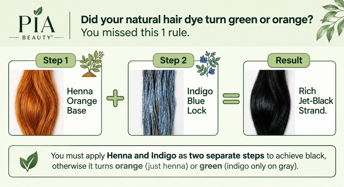 Pia Beauty Squad herbal hair color guide showing the two-step henna and indigo process for achieving rich black hair color