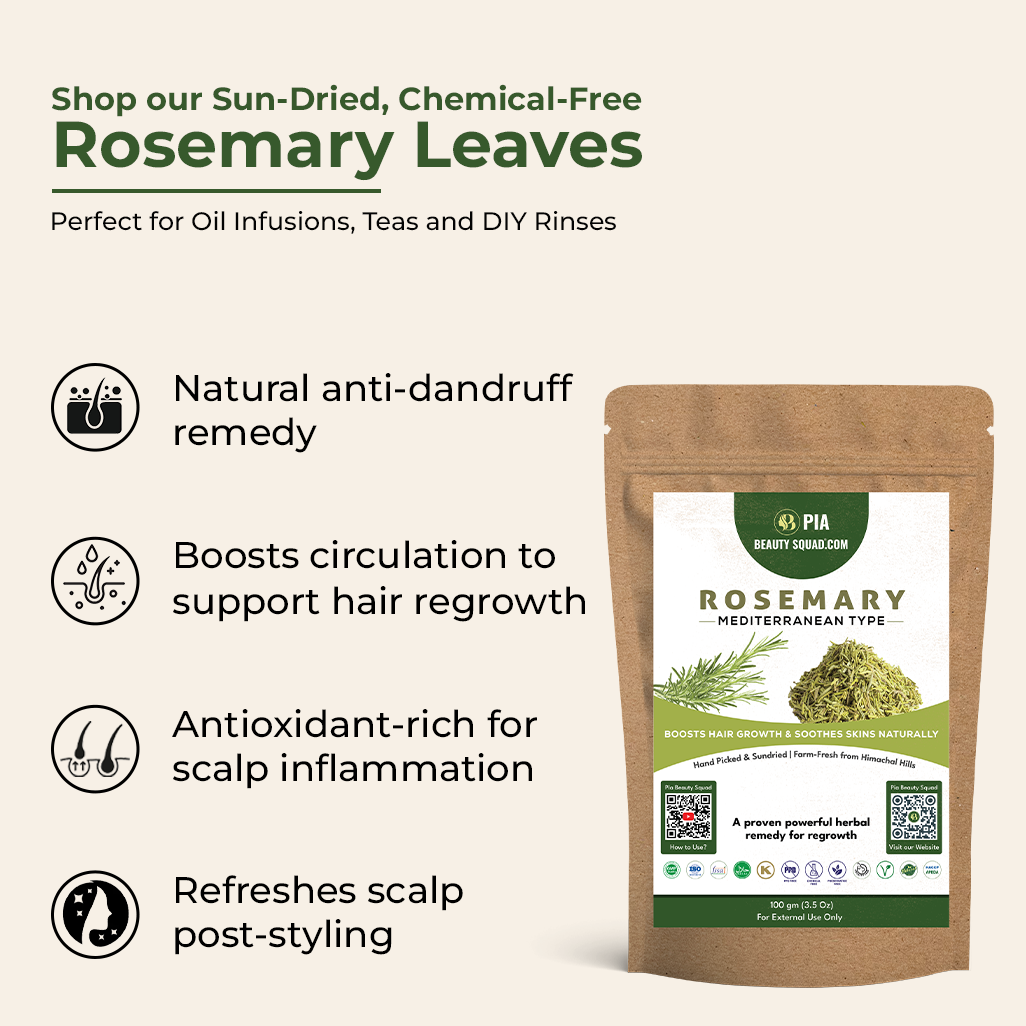 Sun-dried rosemary leaves packaging with benefits on a beige background