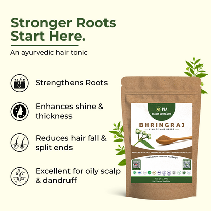 Bhringraj hair tonic packaging with product benefits on a white background