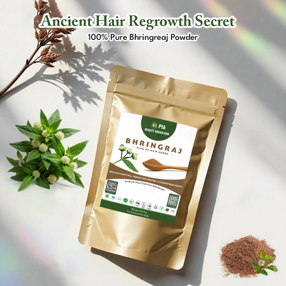 Bhringraj powder package with herbs and powder on a light background