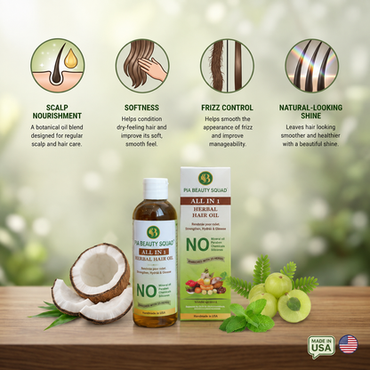 Pia Beauty Squad  Herbal Hair Oil bottle and box displayed on a wooden surface with a blurred green outdoor background. Four benefit callouts above read Scalp Nourishment, Softness, Frizz Control, and Natural-Looking Shine, with a coconut, grapes, and mint leaves as props.