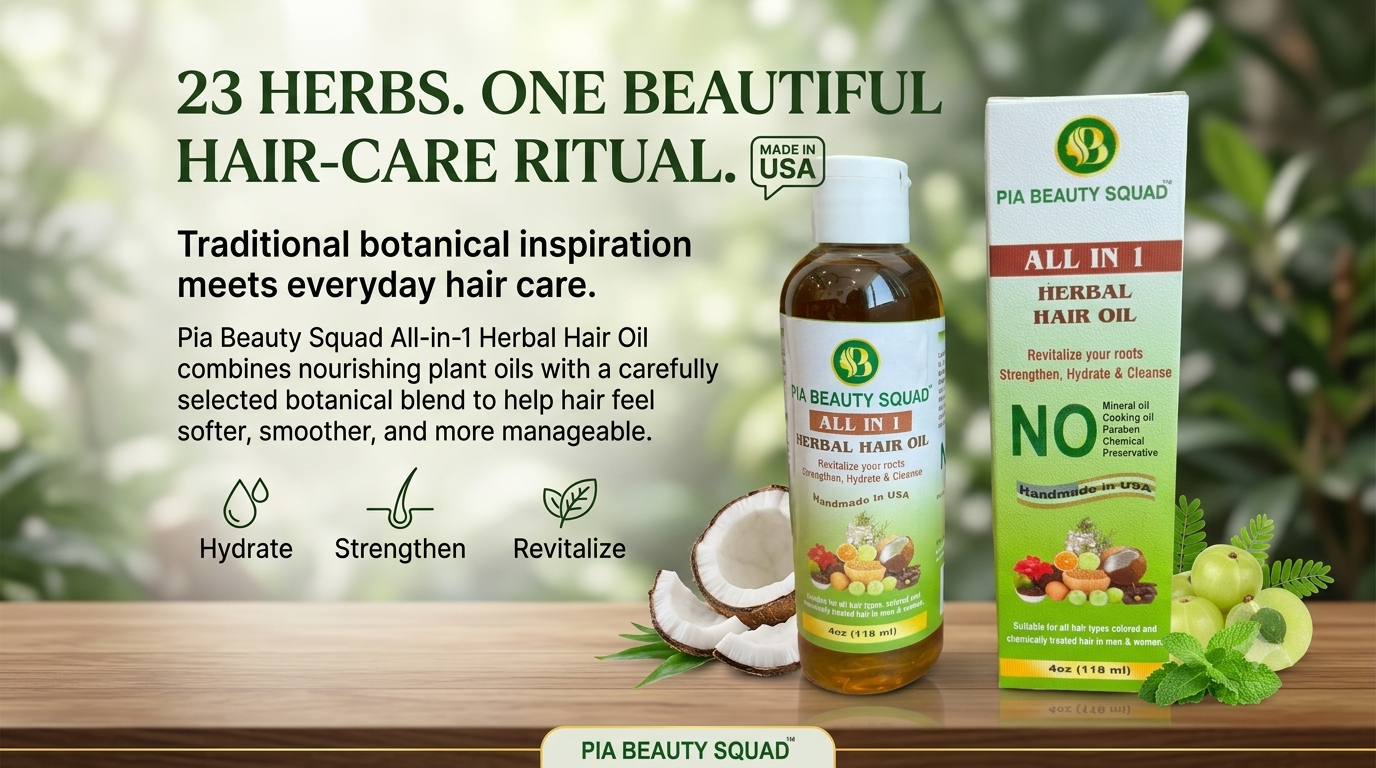 Pia Beauty Squad All-in-1 Herbal Hair Oil bottle and its retail box displayed on a wooden surface, with a blurred natural background and promotional text about 23 herbs in one hair-care ritual.