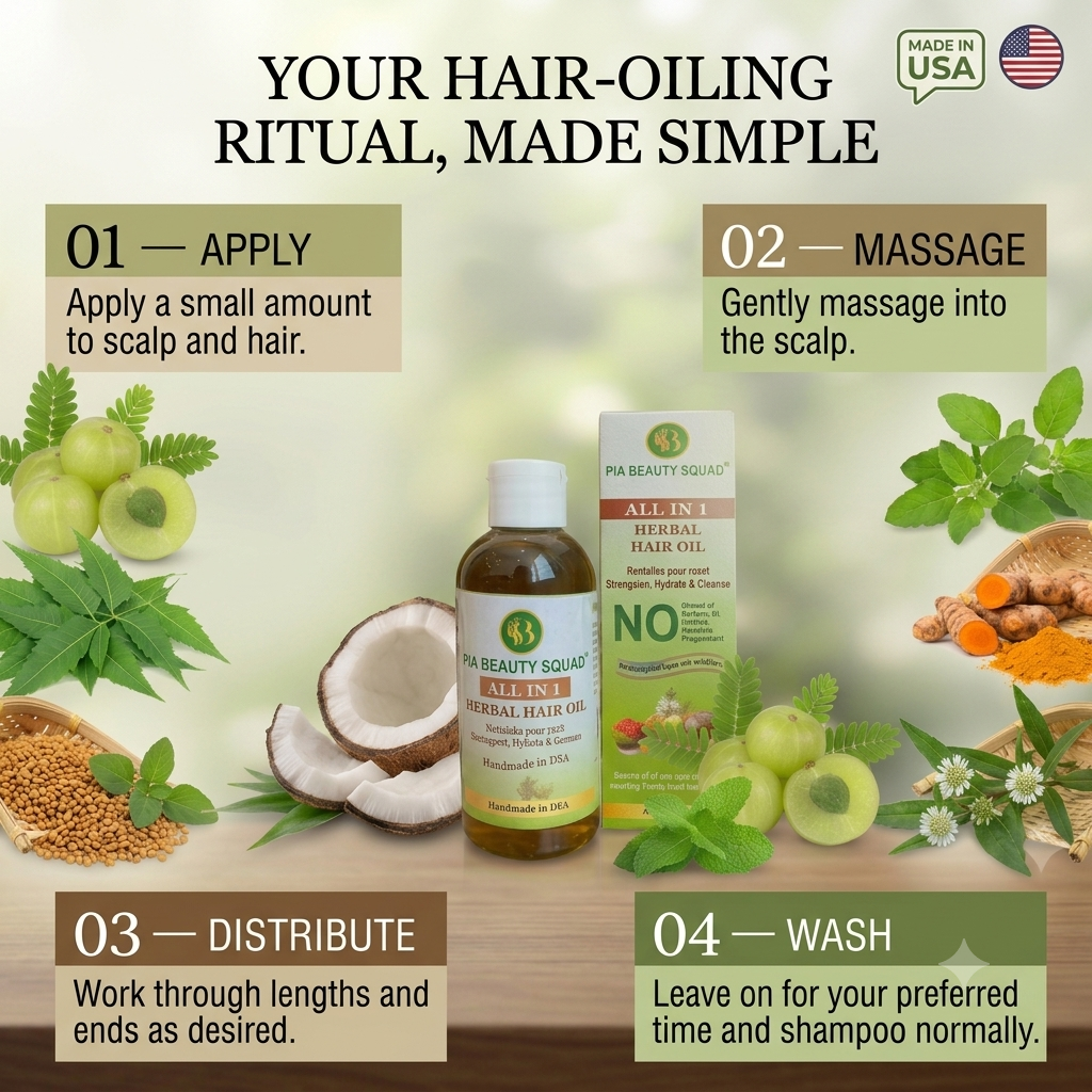 An infographic titled 'YOUR HAIR-OILING RITUAL, MADE SIMPLE' shows a bottle and box of Pia Beauty Squad All In One Herbal Hair Oil with ingredients like coconut, hamsa, turmeric, and green leaves, accompanied by four numbered steps: Apply, Massage, Distribute, and Wash.