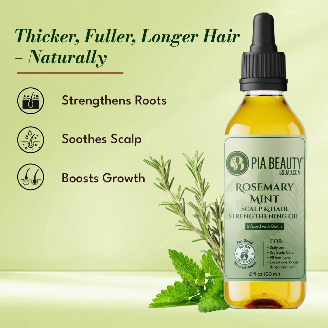 PIA BEAUTY Rosemary Mint Scalp & Hair Strengthening Oil bottle with text on a light green background
