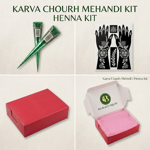 Karva Chauth Mehndi Kit with 2 herbal henna cones, hand stencil, and heart gift box⁠