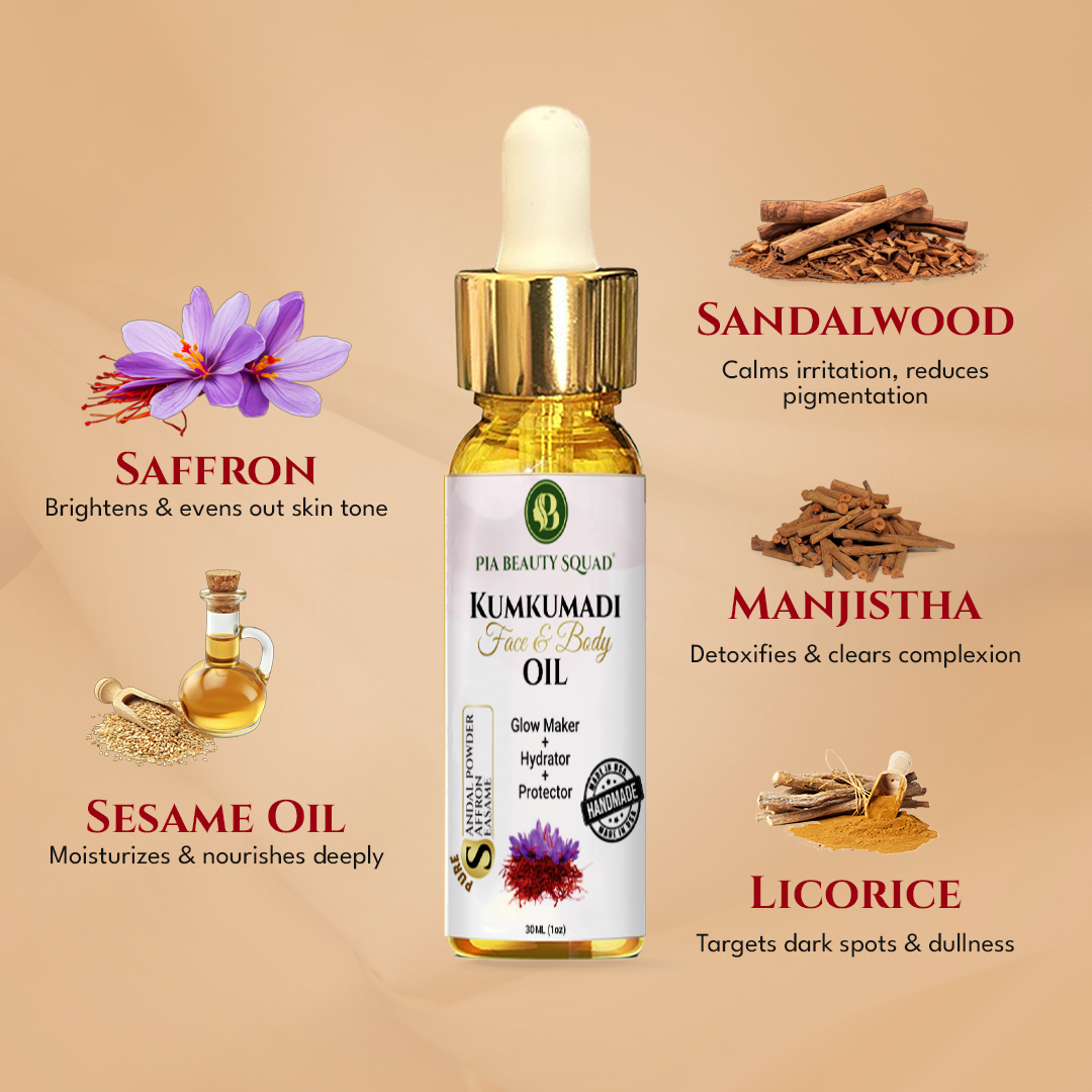 Kumkumadi Tailam Ayurvedic face oil ingredients including saffron, manjistha, sandalwood and sesame oil for dark spots on face treatment