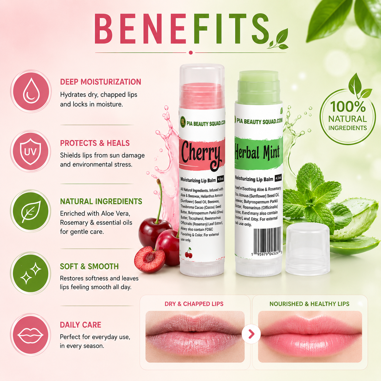 Moisturizing Lip Balm – Natural Hydration | Cherry & Herbal Mint