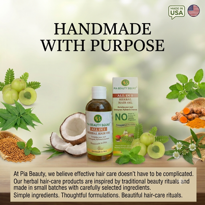 Pia Beauty Squad All-In Herbal Hair Oil bottle and box displayed with ingredients like coconut, guggulu, mint, turmeric, and mustard seeds on a light background with 'HANDMADE WITH PURPOSE' 