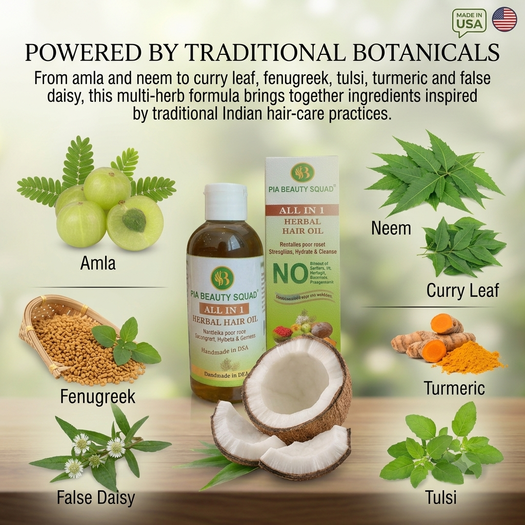 A herbal hair oil bottle and box centered on a light wood background, surrounded by labeled ingredient illustrations: amla, neem, curry leaf, fenugreek, turmeric, false daisy, tulsi, and a small 'Made in USA' badge.  'Powered by Traditional Botanicals'