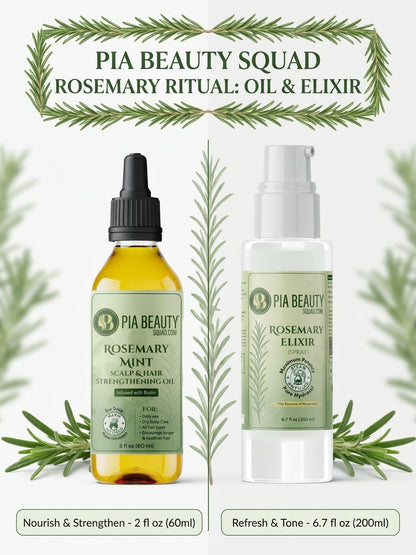 Two PIA Beauty Squad products, Rosemary Ritual: Oil & Elixir, displayed side-by-side and their benefits 