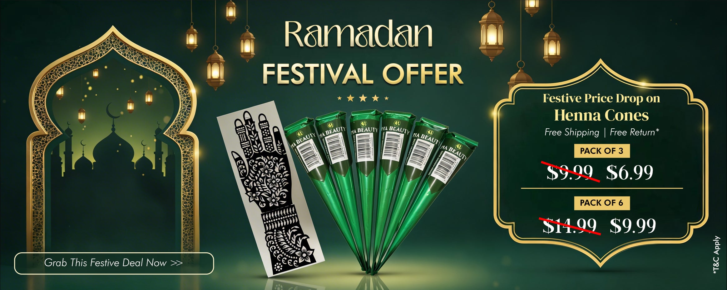 Promotional banner for Ramadan festival offer with henna cones and decorative arch.