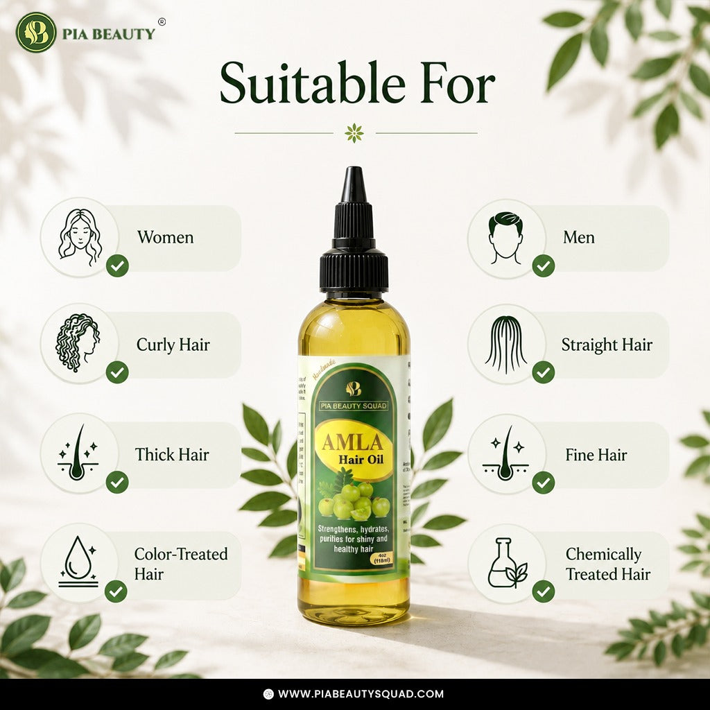 A bottle of PIA Beauty AMLA Hair Oil centered on a light cream background with decorative green leaves and text reading 'Suitable For' listing hair types such as women's curly, thick, fine, and color-treated hair, plus men's straight and chemically treated hair.
