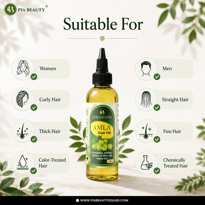 A bottle of PIA Beauty AMLA Hair Oil centered on a light cream background with decorative green leaves and text reading 'Suitable For' listing hair types such as women's curly, thick, fine, and color-treated hair, plus men's straight and chemically treated hair.