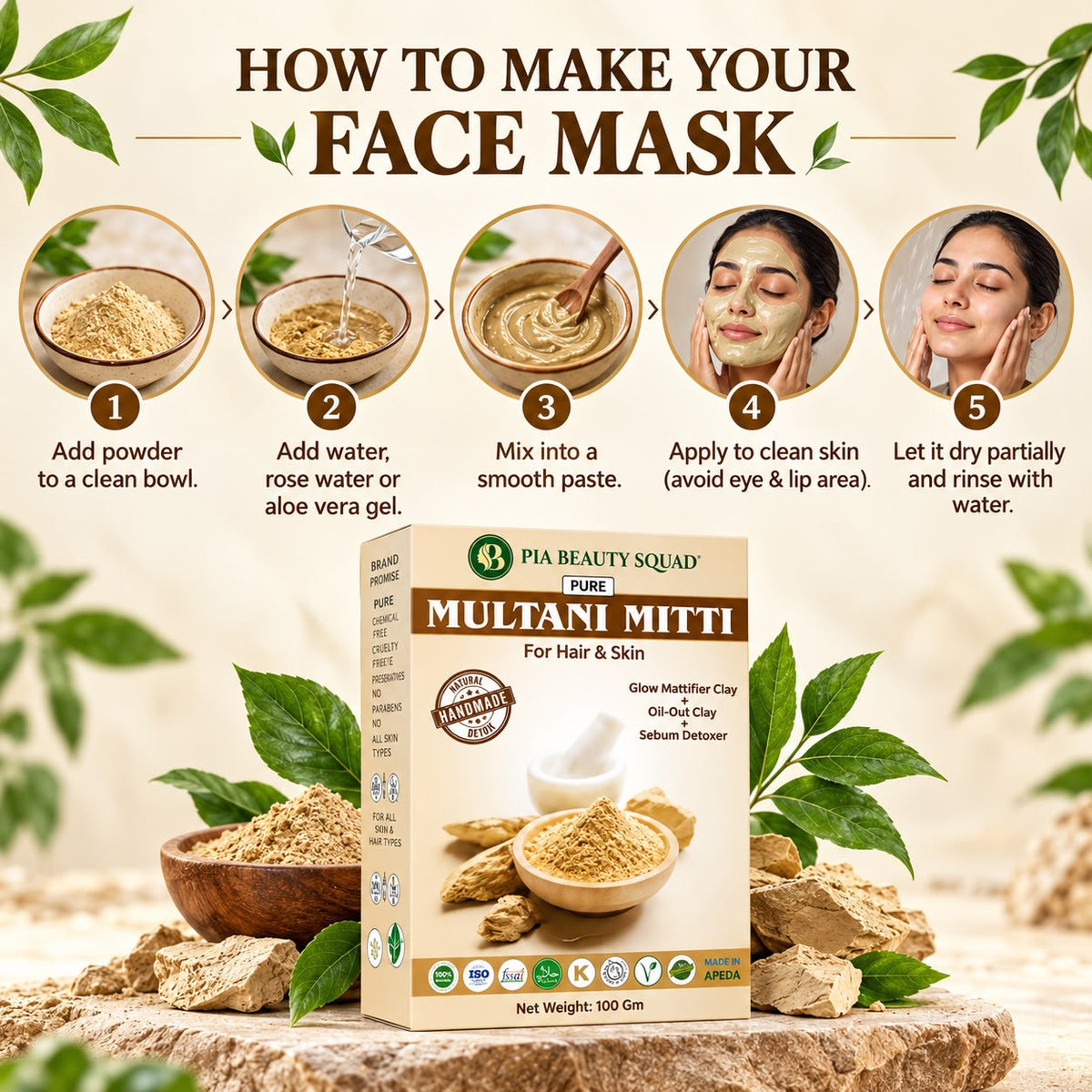 How to prepare and apply a Multani Mitti face mask by mixing the powder with liquid and rinsing after use.