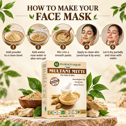 How to prepare and apply a Multani Mitti face mask by mixing the powder with liquid and rinsing after use.