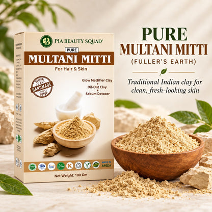 Close-up of Multani Mitti Fuller's Earth powder showing its fine clay texture.