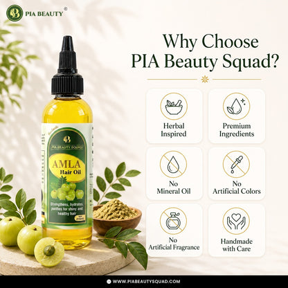 A bottle of PIA Beauty Amla Hair Oil is displayed on a wooden surface with amla fruit and leaves, next to a bowl of powder, with promotional text and feature icons on a light beige background.